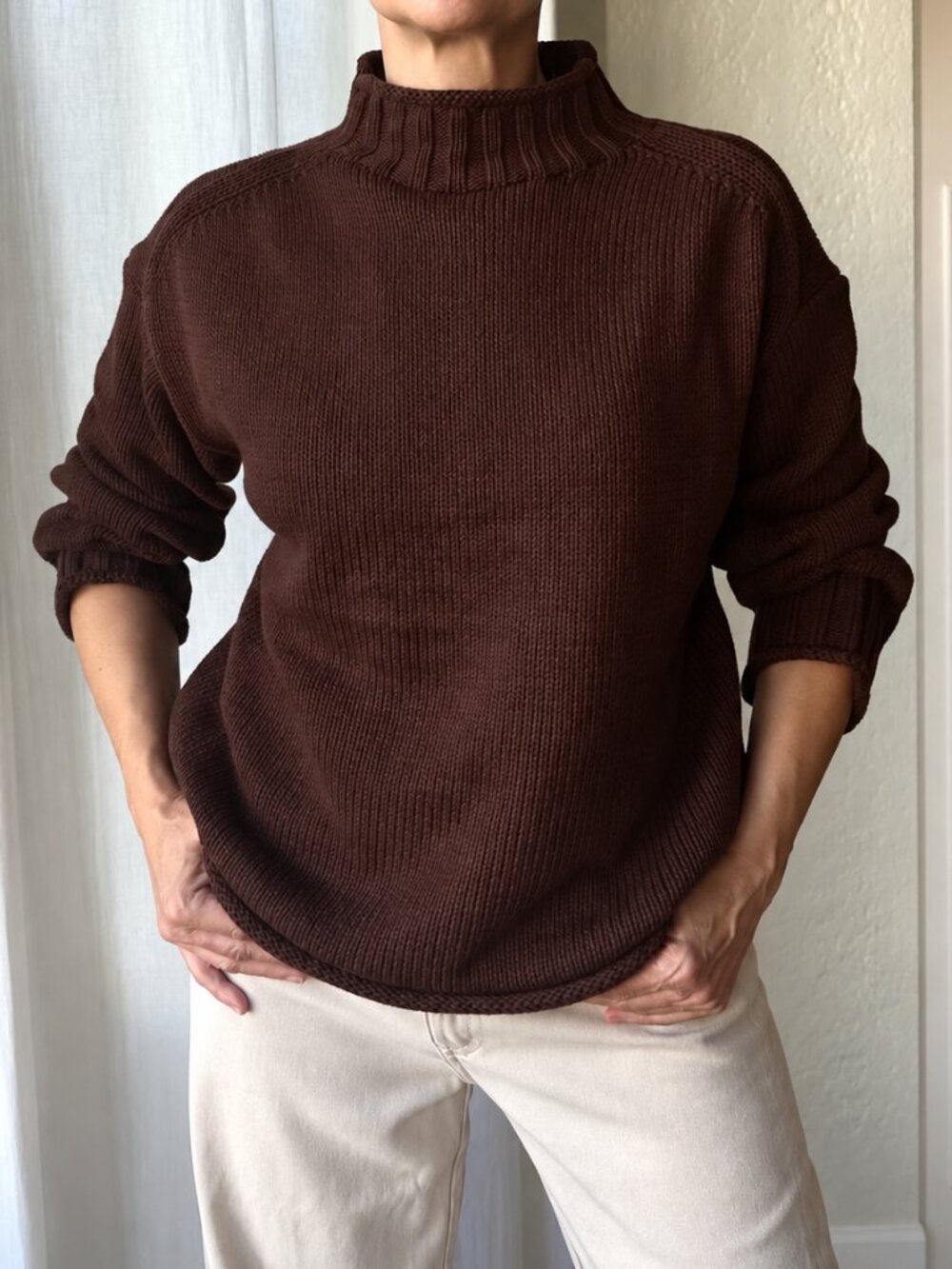 Jessica Simpson Chocolate Brown Mock Neck Rolled Edge Knit Sweater NWT S/M